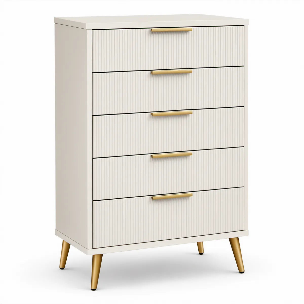 Hohe Kommode mit 5 Schubladen, 80 x 40 x 120 cm, Weiss/Gold
