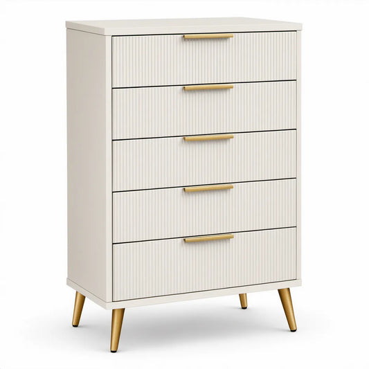 Hohe Kommode mit 5 Schubladen, 80 x 40 x 120 cm, Weiss/Gold