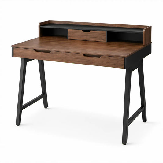 Schreibtisch mit Aufsatz, 3 Schubladen und 2 Ablagefächern, Walnussbraun/Schwarz, 120 x 60 x 95 cm