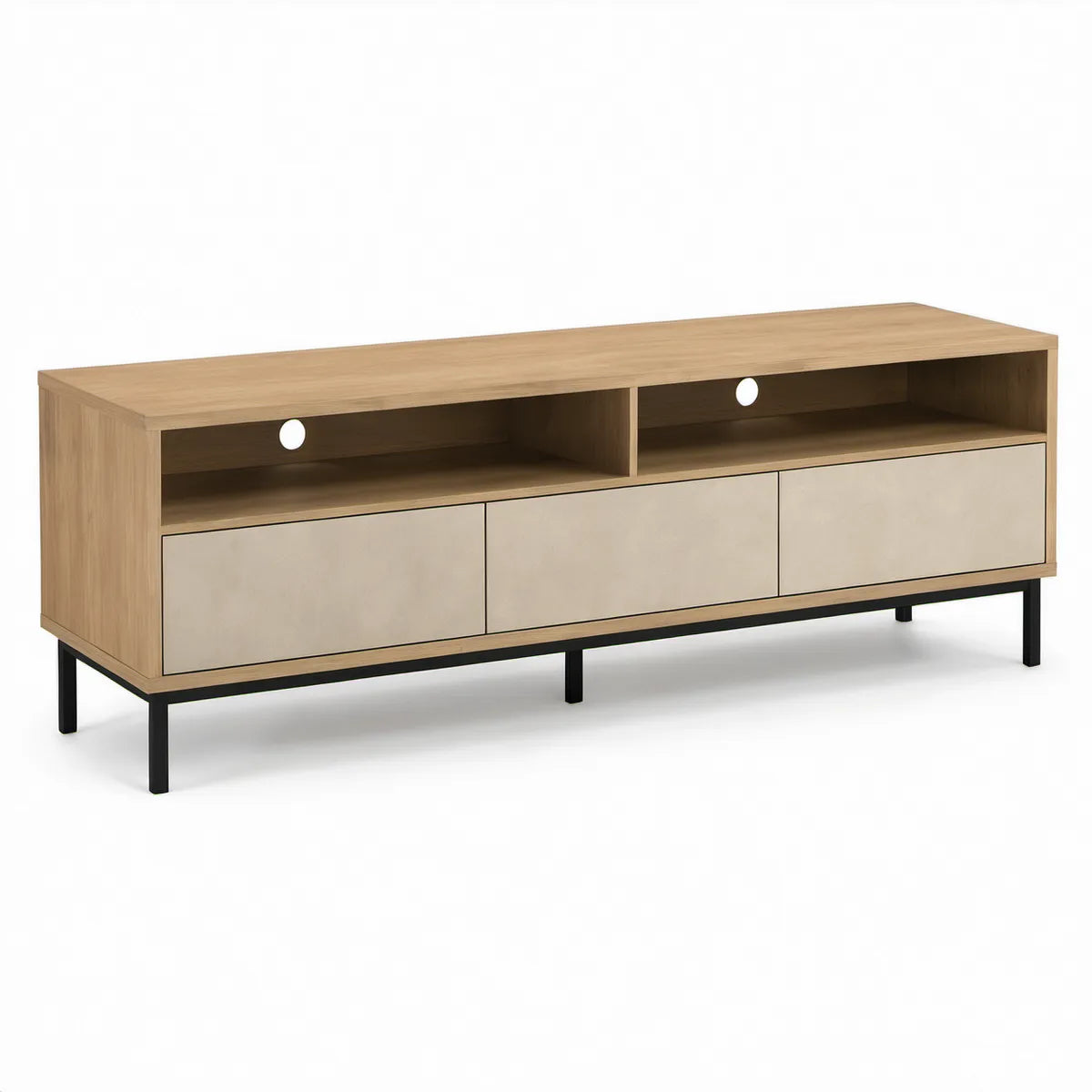 TV-Lowboard 180 x 40 x 60 cm mit 3 Türen und 2 offenen Fächern in Eichenoptik, Beige und Schwarz