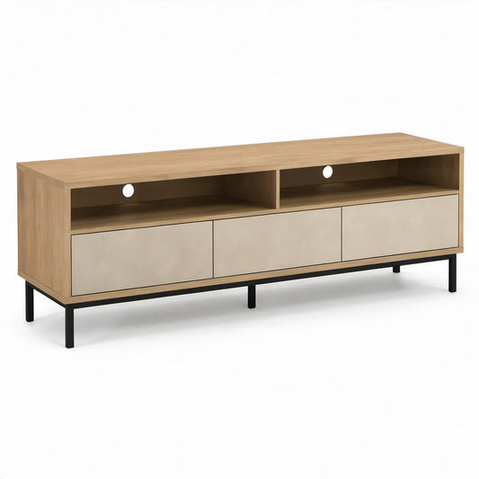 TV-Lowboard 180 x 40 x 60 cm mit 3 Türen und 2 offenen Fächern in Eichenoptik, Beige und Schwarz