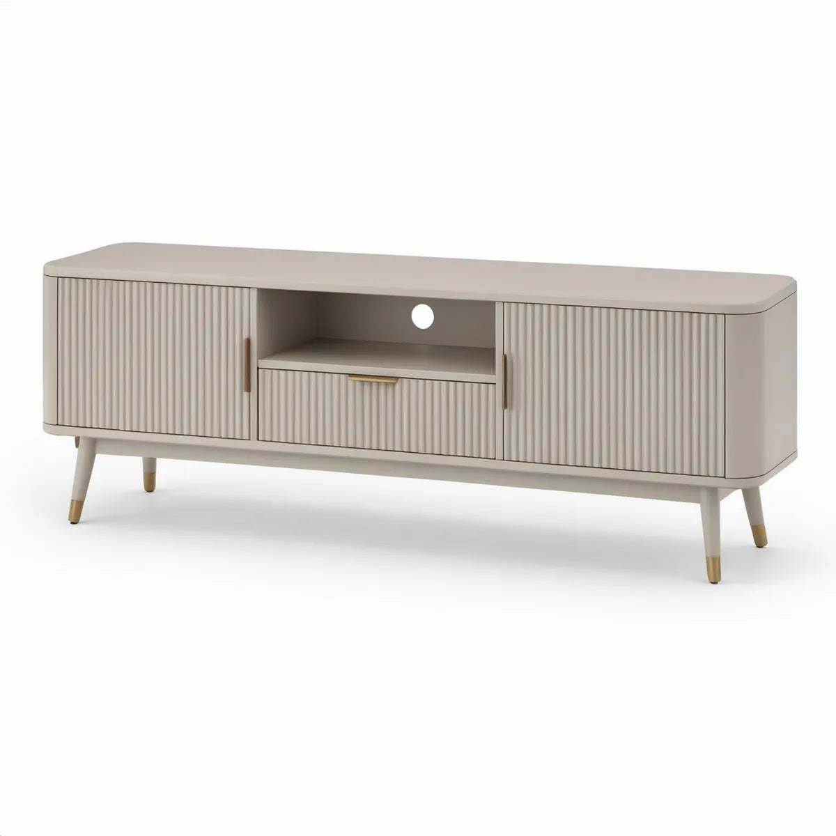 TV-Lowboard 180 x 40 x 55 cm mit 2 Türen, Schublade und offenem Fach, Greige/Gold