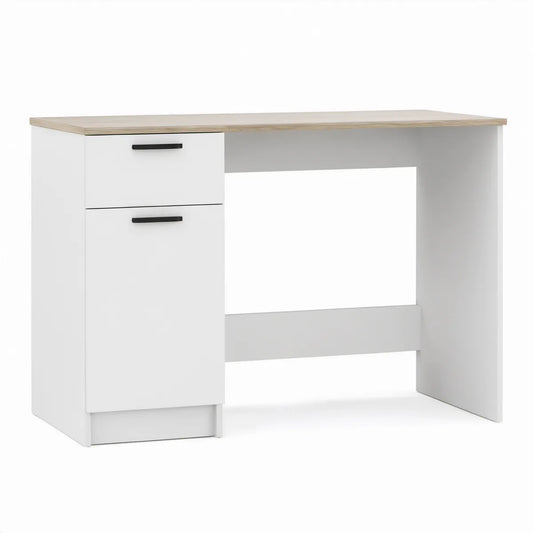 Schreibtisch 120 x 50 x 75 cm mit Schublade und Tür, Weiss/Eiche