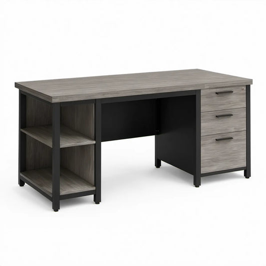 Schreibtisch Grau/Schwarz mit 3 Schubladen und 3 offenen Ablagefaechern, 120 x 60 x 75 cm