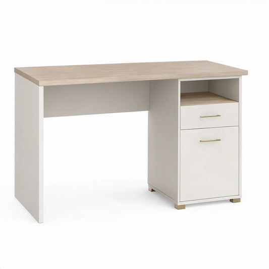 Schreibtisch 120 x 60 x 75 cm mit Schublade, Tür und Ablagefach in Weiss/Eichefarben/Goldfarben