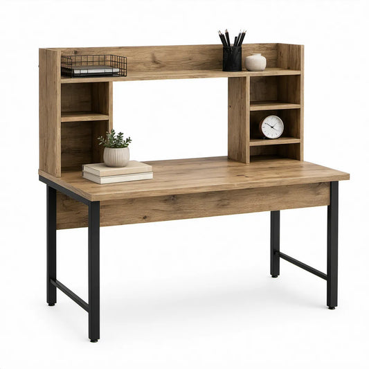 Schreibtisch mit Aufsatzregal, Eichenbraun/Schwarz, 120 x 60 x 135 cm