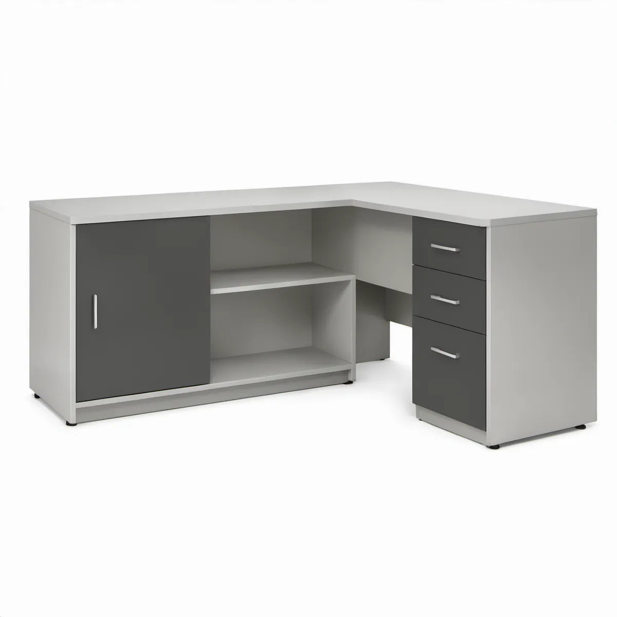 Eckschreibtisch 160 x 120 x 75 cm mit 3 Schubladen, Tür und offenen Fächern in Weiss/Anthrazit