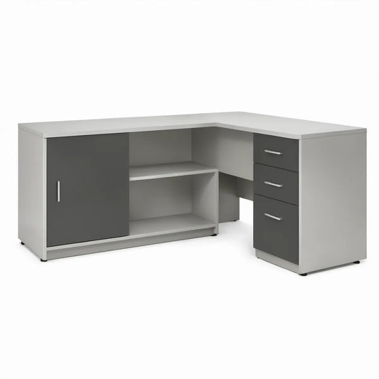 Eckschreibtisch 160 x 120 x 75 cm mit 3 Schubladen, Tür und offenen Fächern in Weiss/Anthrazit