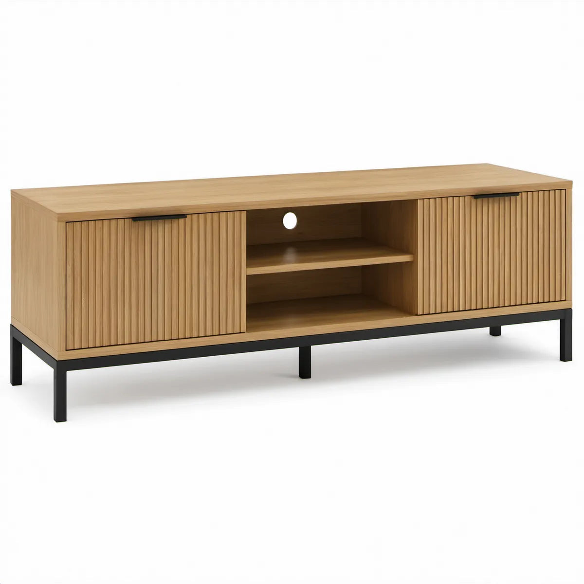 TV-Lowboard aus Eichenfurnier mit Lamellen-Schiebetüren, Natureiche/Schwarz, 160 × 40 × 60 cm