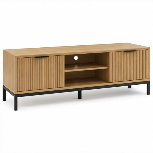 TV-Lowboard aus Eichenfurnier mit Lamellen-Schiebetüren, Natureiche/Schwarz, 160 × 40 × 60 cm