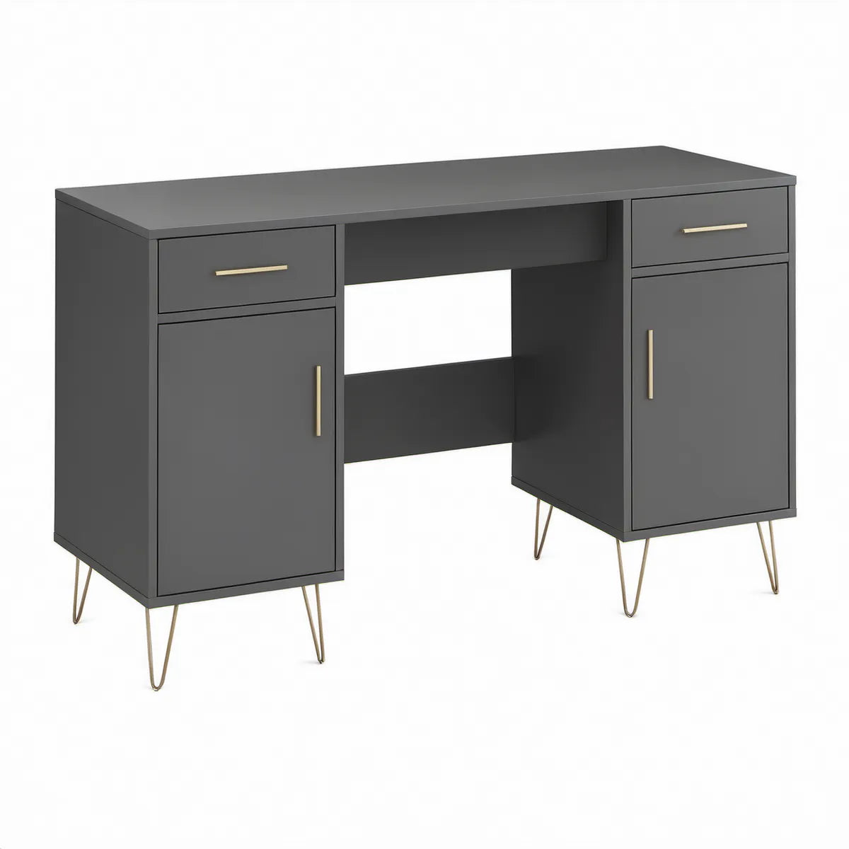 Schreibtisch Anthrazit/Gold mit 2 Türen und 2 Schubladen, 120 x 60 x 75 cm