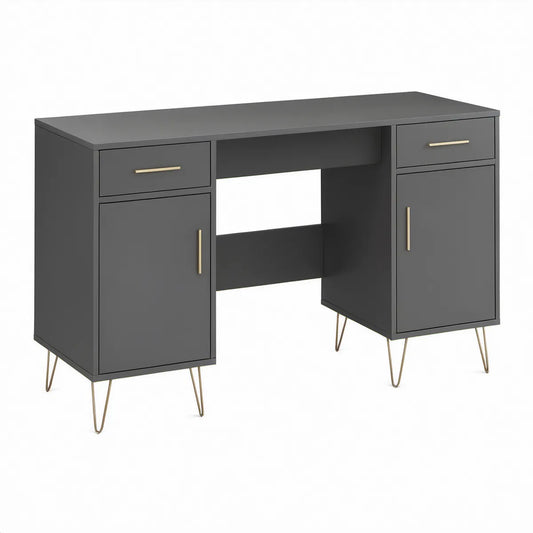 Schreibtisch Anthrazit/Gold mit 2 Türen und 2 Schubladen, 120 x 60 x 75 cm