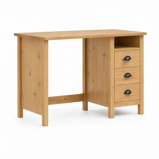 Schreibtisch aus massivem Kiefernholz in Natur mit 3 Schubladen, offenem Fach und schwarzen Griffen, 117 x 60 x 75 cm
