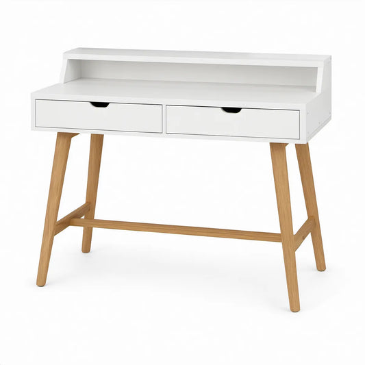 Schreibtisch mit 2 Schubladen aus MDF und massivem Eichenholz, Weiss/Natur, 100 x 50 x 90 cm