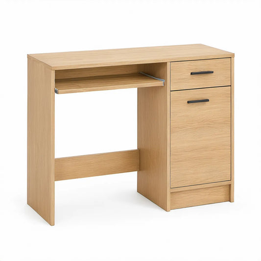 Schreibtisch in Eiche-Optik mit Tastaturauszug, Tür und Schublade, 90 x 50 x 75 cm