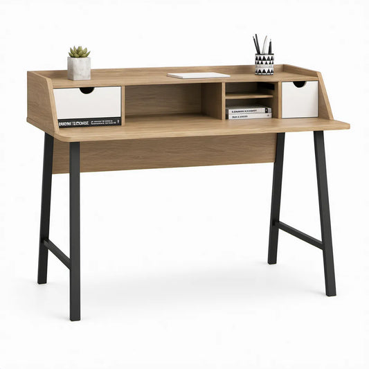 Schreibtisch mit Aufsatz, Eiche/Weiss/Schwarz, 120 x 60 x 90 cm