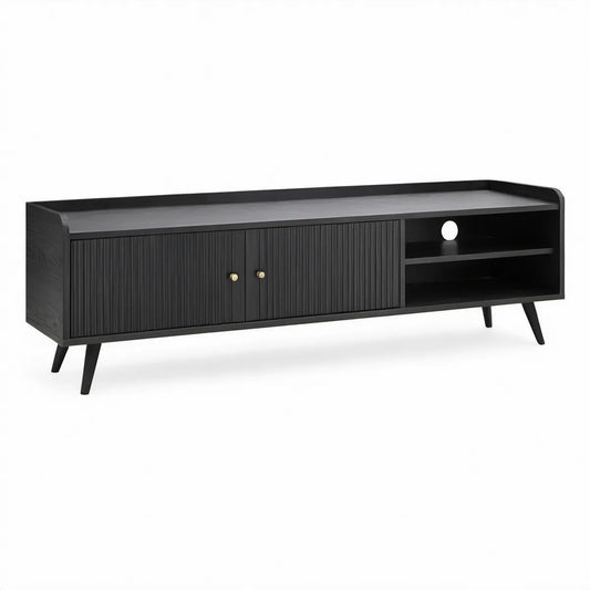 TV-Lowboard Schwarz/Gold mit 2 Türen und offenen Fächern, 180 x 40 x 55 cm